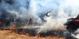 Firefighter sprays water on fire in field
