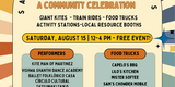 Colorful flyer with information about activities, performers, food trucks.
