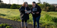 As part of the County of San Mateo’s One Day Homeless Count on Jan. 29, 2026, volunteers Jennifer Goins and Karen Moore of nonprofit homeless services provider LifeMoves look for unsheltered residents in Burlingame.