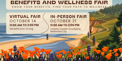 he headline reads, "Benefits and Wellness Fair: Know your benefits, find your path to wellness." Below, event details are split into two sections: "Virtual Fair, October 14, 11:00 AM to 2:00 PM, benefits.smc-hr.org" and "In-Person Fair, October 21, 11:00 AM to 2:00 PM, County Center Courtyard, Redwood City." The background artwork features a sunny coastal landscape where hikers and a dog walk along a winding dirt trail beside the ocean, framed by vibrant orange California poppies and purple lupines in the f