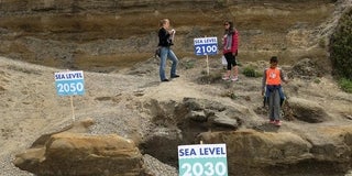 Signs marking projected sea level rise