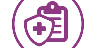 A clipboard behind a shield with a medical cross