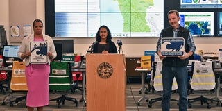 Supervisor Lisa Gauthier, left, Department of Management Director Shruti Dhapodkar, center, and Supervisor Ray Mueller, right, debuted the Tsunami Hazard Area Dashboard on March 24, 2025, at the Reginal Operations Center in Redwood City.