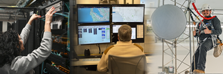 Collage image of person managing servers, person with several computer monitors, and person climbing radio tower