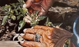 Painting of realistic looking hands and plants