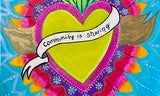 Yellow heart with ribbon that reads Community is Sharing