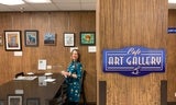 Woman stands smiling next to artwork in art gallery