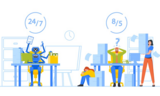 Illustration of a robot sitting at a desk while exasperated and tired people work nearby