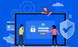 Illustration of people standing near a large tablet computer with a completed login on the screen