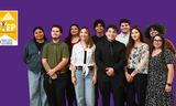 "A diverse group of ten smiling young adults posing together against a solid purple background, with the yellow STEP program logo in the top left corner.