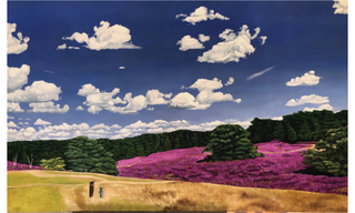 Deep blue sky with white clouds over a purple field of heather
