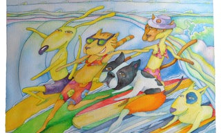 Three cartoon dogs and two cartoon cats surfing
