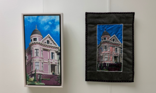 Paired artworks of pink victorian houses in SF