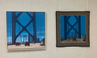 Paired artworks of the bay bridge against a blue sky