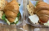 Deviled Egg Salad Croissant Sandwich with All the Fixings. House Baked Lavosh Chips