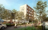 An architectural conception of a building at the Middlefield Junction proposed affordable housing project.