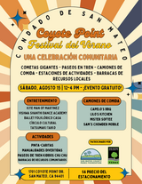 Colorful flyer with information about activities, performers, food trucks.