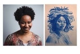 Headshot of Shari Bryant and her art titled Maedusa