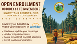 A split-design banner. The left side features text reading, "Open Enrollment October 13 to November 6. Know your benefits, find your path to wellness". Below this, alongside the Workday logo, it says, "Review your benefits & make your elections in Workday". This is followed by four bullet points: "Review or update your coverage," "Add or drop dependents," "Make annual FSA and HSA elections," and "Enroll in voluntary benefits". The right side features the County of San Mateo, California seal overlaid on a re