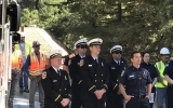 Firefighters and construction crews at the ribbon cutting. The new station will have improved access to Skyline Boulevard, speeding up emergency response.