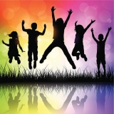 Shadows of children jumping against rainbow background