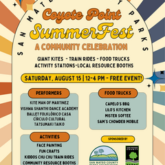 Colorful flyer with information about activities, performers, food trucks.
