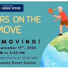 Teal back ground, with a globe and two seniors, one is wearing an orange shirt playing tennis and another is taking a hike.